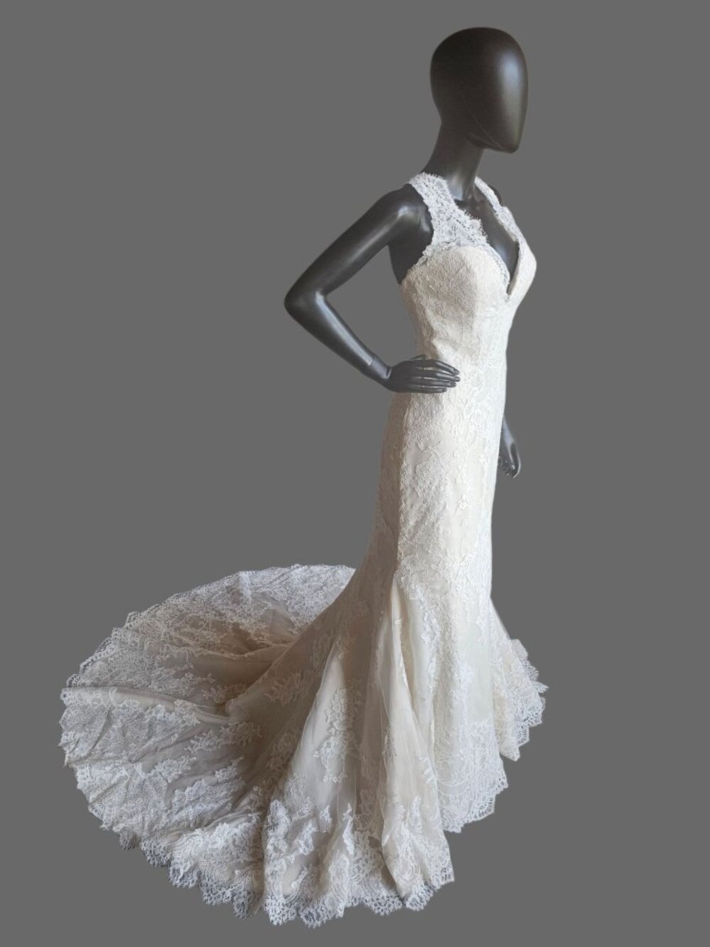 NEW Nude/Ivory Full Lace Racerback V-Neck Fit/Flare Wedding Gown - San Patrick - Picture 2 of 11